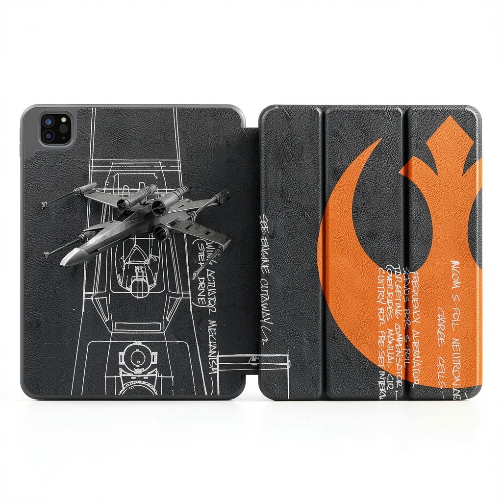 Star Wars iPad case showing front and back views with Apple Pencil slot