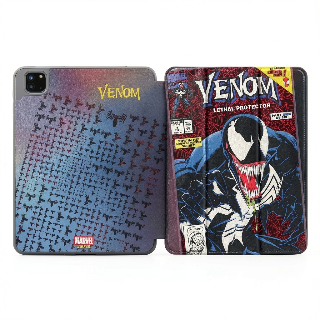 Keyscaper iPad case showing Marvel character design on desk