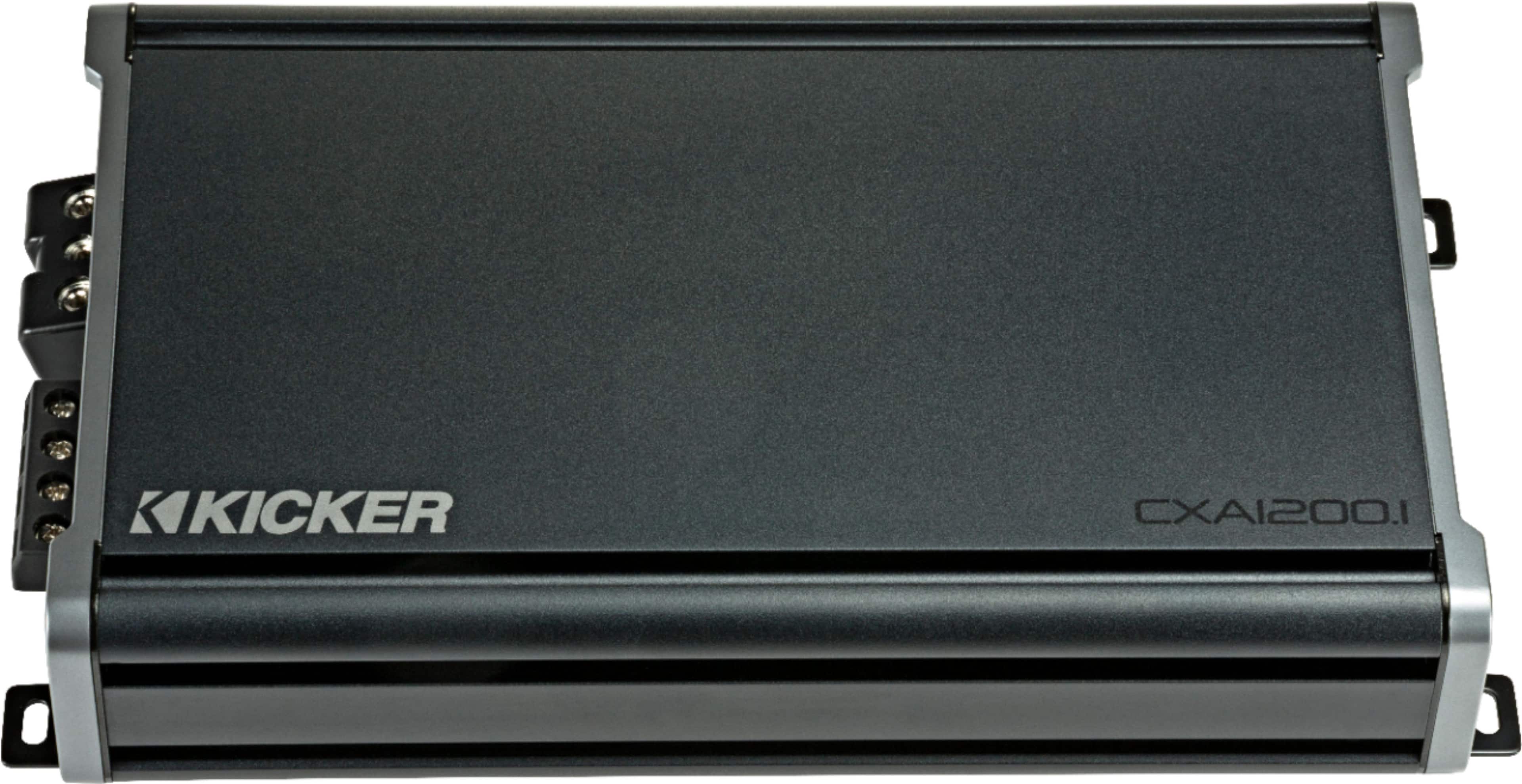 KICKER CX 1200W amplifier installed in a vehicle trunk