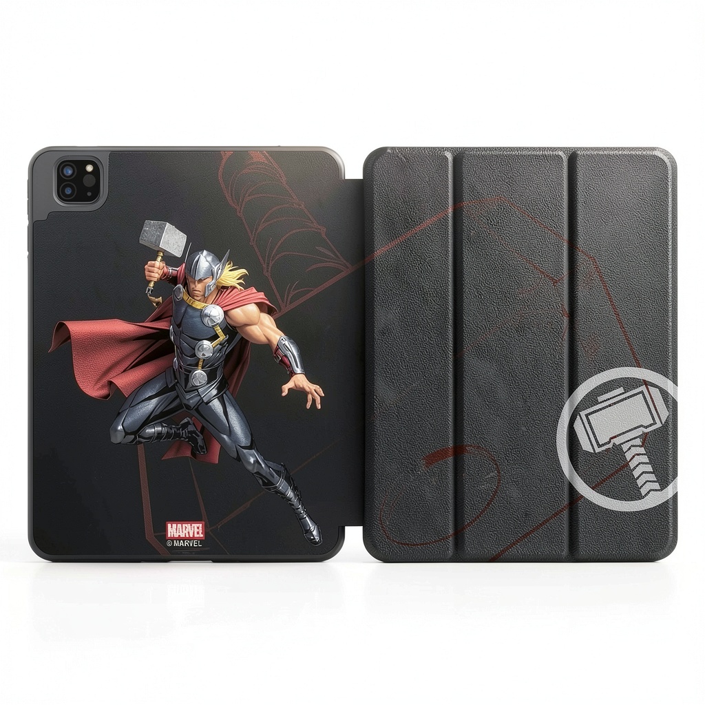 Keyscaper Marvel iPad case showing Spider-Man design and stand positions